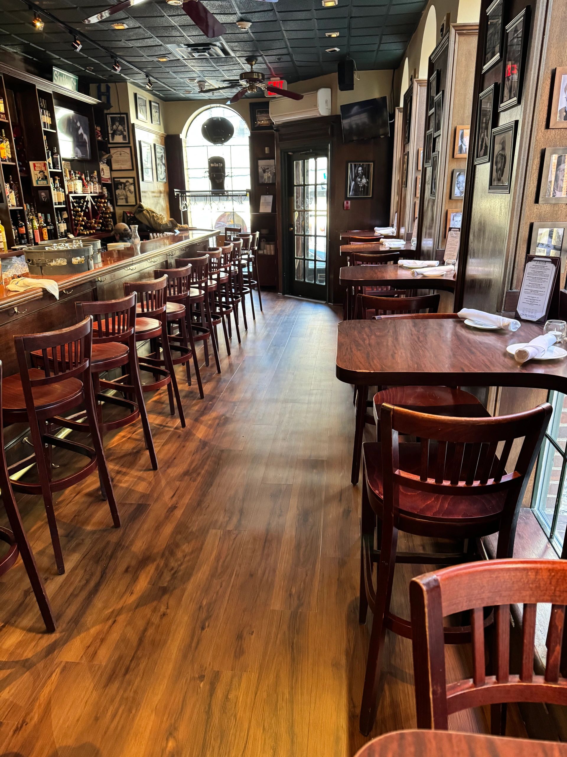 Restaurant interior bar with long wooden floor